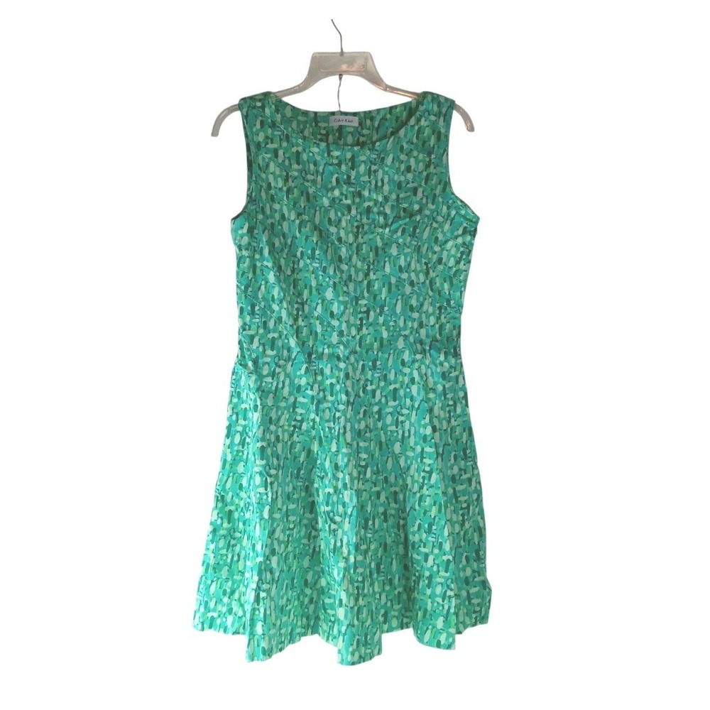 Calvin Klein Women's Dress A-line Geometric Sleeveless  Green Zipper  sz 10P